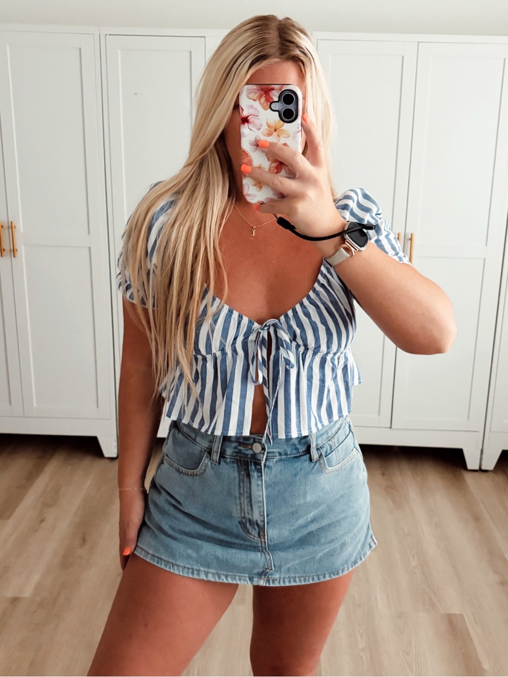 Blue and white open front tie crop top